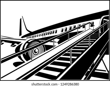 Stylized vector illustration on the theme of civil aviation. Modern jet airplane ready to take on passengers.