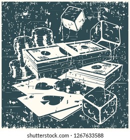 Stylized vector illustration on the theme of gambling, wealth and fortune. Money, dice and casino chips in retro poster style