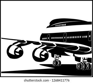 Stylized vector illustration on the theme of civil aviation. Modern jet airplane ready to take off