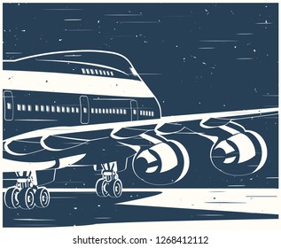 Stylized vector illustration on the theme of civil aviation. Modern jet airplane ready to take off in the old style poster.