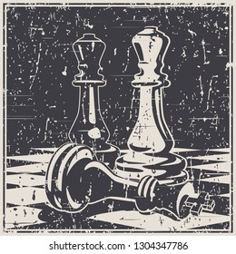 Stylized vector illustration on the theme of chess, intellectual games and conceptual illustrations of development strategies, teamwork, etc. Old poster style