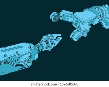 Stylized vector illustration on the theme of industrial robotic systems for automatic assembly