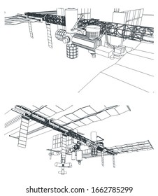 Stylized vector illustration on the theme of the space industry. Orbital space station from different angles