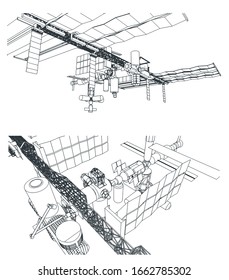 Stylized vector illustration on the theme of the space industry. Orbital space station from different angles