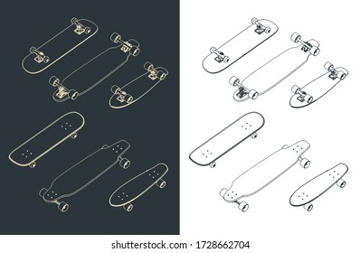 Stylized vector illustration on the theme of skateboarding. Skateboards Isometric Drawings mini Set