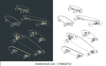 Stylized vector illustration on the theme of skateboarding and skateboards mini Set