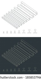 Ilustración vectorial estilizada sobre el tema del transporte ferroviario. Conjunto de rieles de diferentes tamaños