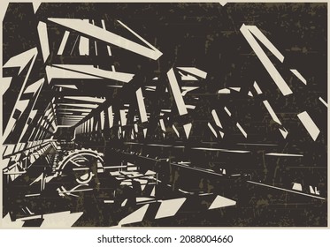 Stylized vector illustration on the theme of science fiction. Space station technical room interior in retro futurism style