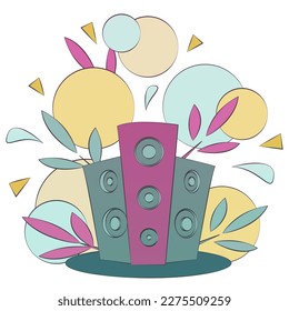stylized vector illustration on the theme of music and sound. powerful speaker system