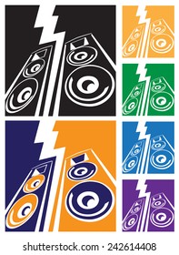 Stylized vector illustration on the theme of music and powerful sound. speaker system with lightning. can be used as a sign, symbol or icon