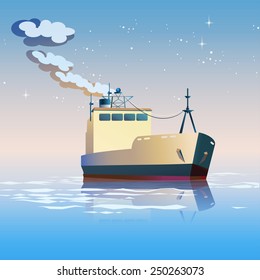Stylized vector illustration on the theme of shipbuilding, fishing, transport, freight, etc.