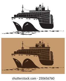Stylized vector illustration on the theme of marine transportation. large cargo ship