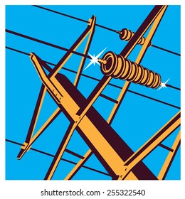 Stylized vector illustration on the theme of high voltage power lines, industrial, symbols of the energy sector