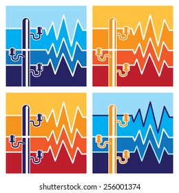 Stylized vector illustration on the theme of the high-voltage power lines, the energy sector. icons, warning signs, a symbol of high voltage or danger