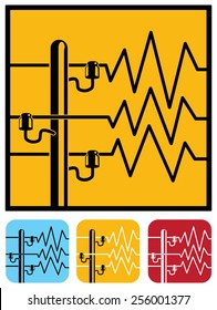 Stylized Vector Illustration On The Theme Of The High-voltage Power Lines, The Energy Sector. Icons, Warning Signs, A Symbol Of High Voltage Or Danger