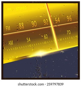 Stylized vector illustration on the theme of an old vintage radio, fm, am frequencies, radio broadcasts, etc.