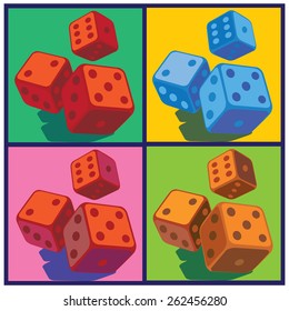Stylized vector illustration on the theme of gambling. Several variants of color solution dice in pop art style