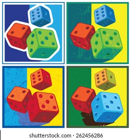 Stylized vector illustration on the theme of gambling. Several variants of color solution dice in retro style.