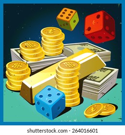 Stylized vector illustration on the theme of money, opportunities, wealth, chance, fortune and so on in retro style