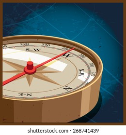 Stylized vector illustration on the theme of cartography, travel, adventure, and so on. compass pointing to the west