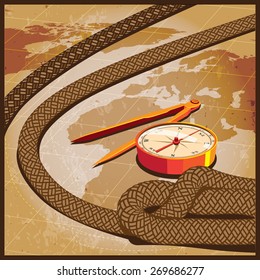 Stylized vector illustration on the theme of travel, adventure, explorers, treasure, etc.
map, compass, rope, navigational equipment
