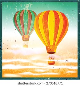 Stylized vector illustration on the theme of aeronautics, air balloons above the clouds