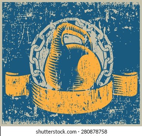 Stylized vector illustration on the theme of iron sport strong people, weightlifting old school, grunge, vintage.