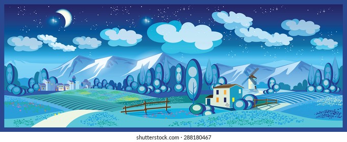 stylized vector illustration on the theme of the village, farming, beautiful landscape of fields and mountains. seamless horizontally if needed
