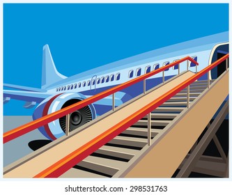 Stylized vector illustration on the theme of civil aviation. Modern jet airplane ready to take on passengers.