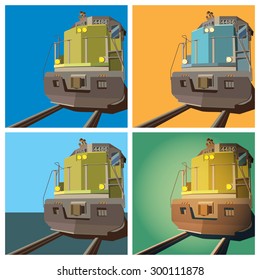 stylized vector illustration on the theme of railway transport. locomotive in different colors