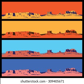 Stylized vector illustration on the theme of the Wild West, the great canyon, mountains and deserts. seamless horizontally if needed