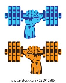 Stylized vector illustration on the theme of weightlifting, fitness, bodybuilding, sports. Hand with dumbbell.