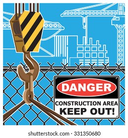 Stylized vector illustration on the theme of construction equipment and construction works