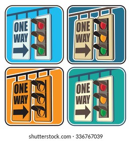 Stylized vector illustration on the theme of traffic in the city. Traffic lights and a sign