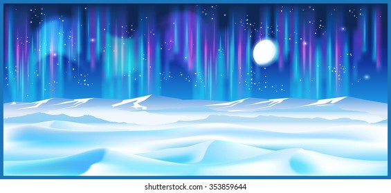 Stylized vector illustration on the theme of winter and the north. Boundless northern landscapes in the light of the moon and stars. Seamless horizontally if needed.