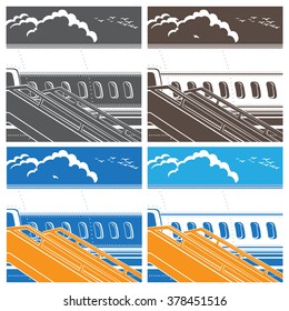 Stylized vector illustration on the theme of civil aviation. Modern jet airplane ready to take on passengers.