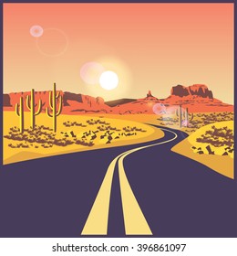 stylized vector illustration on the theme of travels and trip. Desert road.