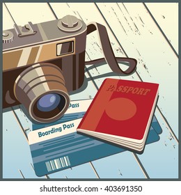 Stylized vector illustration on the theme of travel and photography