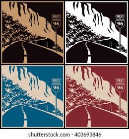 Stylized vector illustration on the theme of travel and transport. Winding mountain road