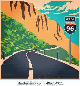 Stylized vector illustration on the theme of travel and transport. Winding mountain road