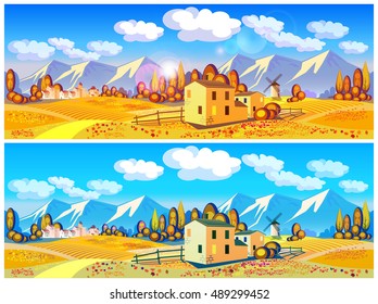 Stylized vector illustration on the theme of the village, farming, beautiful landscape of fields and mountains in autumn. Seamless horizontally if needed