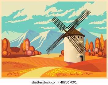 Stylized vector illustration on the theme of European landscapes in autumn old poster style. Windmills, fields of Provence, the Alps, etc. seamless horizontally, if necessary.