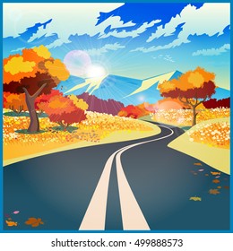 Stylized vector illustration on the theme of road, adventure and Journey. Autumn road through the fields to the mountains