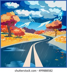 Stylized vector illustration on the theme of road, adventure and Journey. Autumn rainy road through the fields to the mountains