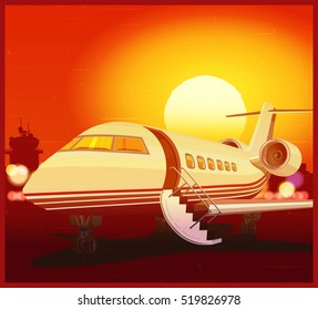 Stylized vector illustration on a theme of private aviation and air transport