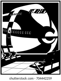 Stylized vector illustration on the theme of civil aviation. Large passenger airliner outside the terminal window