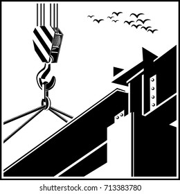 Ilustración vectorial estilizada sobre el tema de la construcción. Grúa y haz.