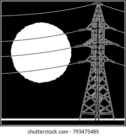 Stylized Vector Illustration On The Theme Of High Voltage Power Lines, Industrial, Symbols Of The Energy Sector