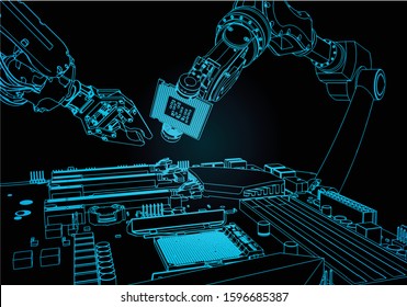 Stylized vector illustration on the topic of robotic systems of automatic assembly. Industrial robots assemble a computer