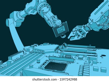 Stylized vector illustration on the topic of robotic systems of automatic assembly. Industrial robots assemble a computer